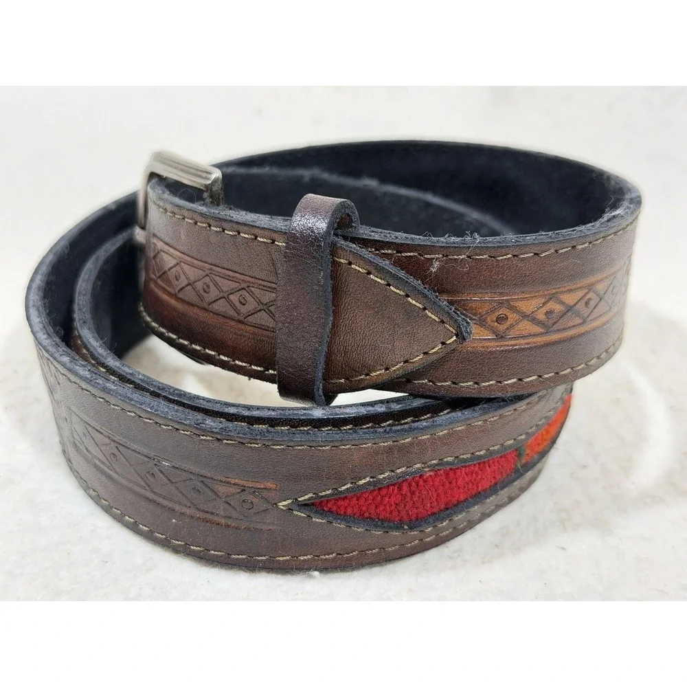 Vintage Leather Belt Western Tooled Brown Wool Inlay Boho Rustic 36